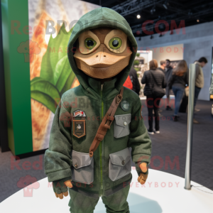 Rust Green Beret mascot costume character dressed with a Hoodie and Shawls