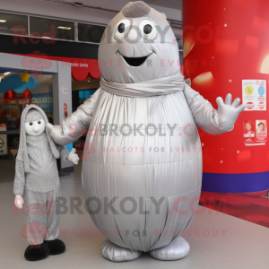 Silver Meatballs mascot costume character dressed with a Maxi Dress and Mittens