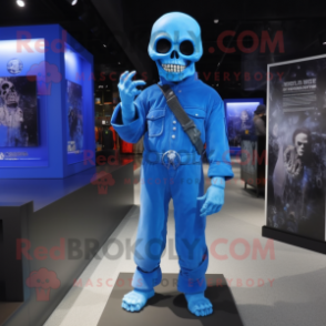 Blue Undead mascot costume character dressed with a Jumpsuit and Keychains