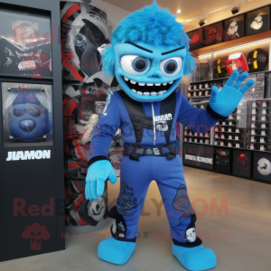 Blue Undead mascot costume character dressed with a Jumpsuit and Keychains