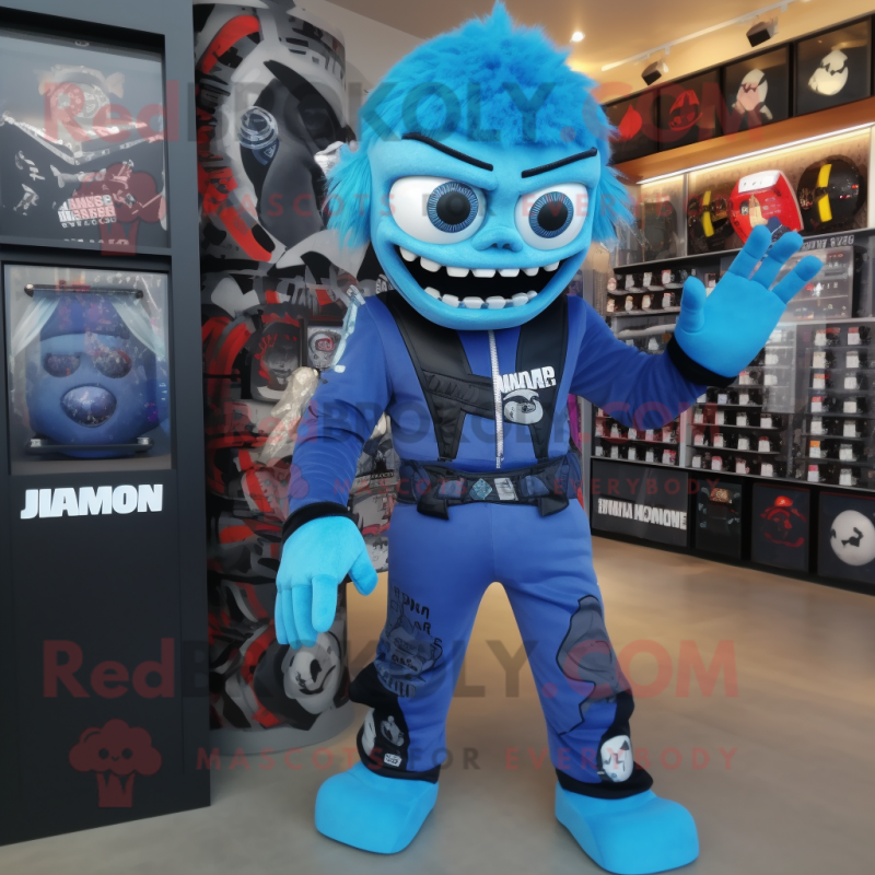 Blue Undead mascot costume character dressed with a Jumpsuit and Keychains Blue Undead mascot costume character dressed with a Jumpsuit and Keychains
