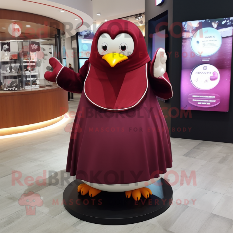 Maroon Penguin mascot costume character dressed with a Circle Skirt and Cummerbunds