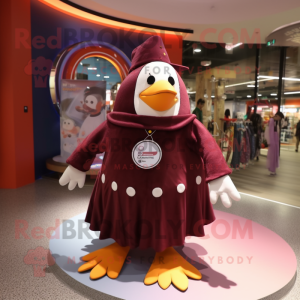 Maroon Penguin mascot costume character dressed with a Circle Skirt and Cummerbunds