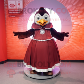 Maroon Penguin mascot costume character dressed with a Circle Skirt and Cummerbunds