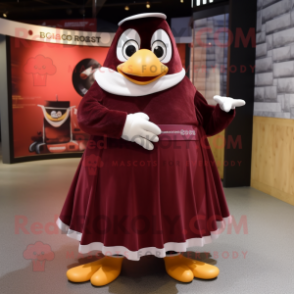 Maroon Penguin mascot costume character dressed with a Circle Skirt and Cummerbunds