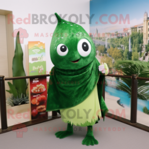 Forest Green Tuna mascot costume character dressed with a Wrap Dress and Scarves