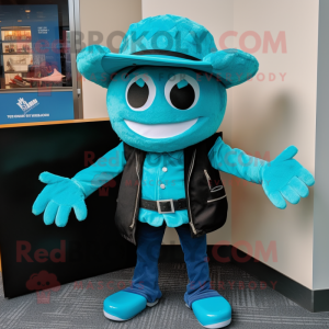 Turquoise Crab Cakes mascot costume character dressed with a Moto Jacket and Hat pins