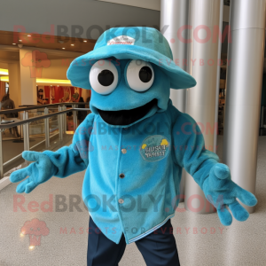 Turquoise Crab Cakes mascot costume character dressed with a Moto Jacket and Hat pins