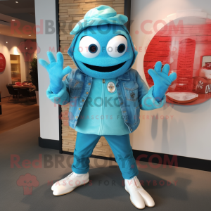 Turquoise Crab Cakes mascot costume character dressed with a Moto Jacket and Hat pins