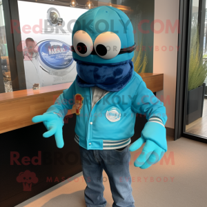 Turquoise Crab Cakes mascot costume character dressed with a Moto Jacket and Hat pins