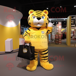 Lemon Yellow Tiger mascot costume character dressed with a Turtleneck and Tote bags