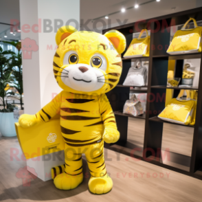 Lemon Yellow Tiger mascot costume character dressed with a Turtleneck and Tote bags