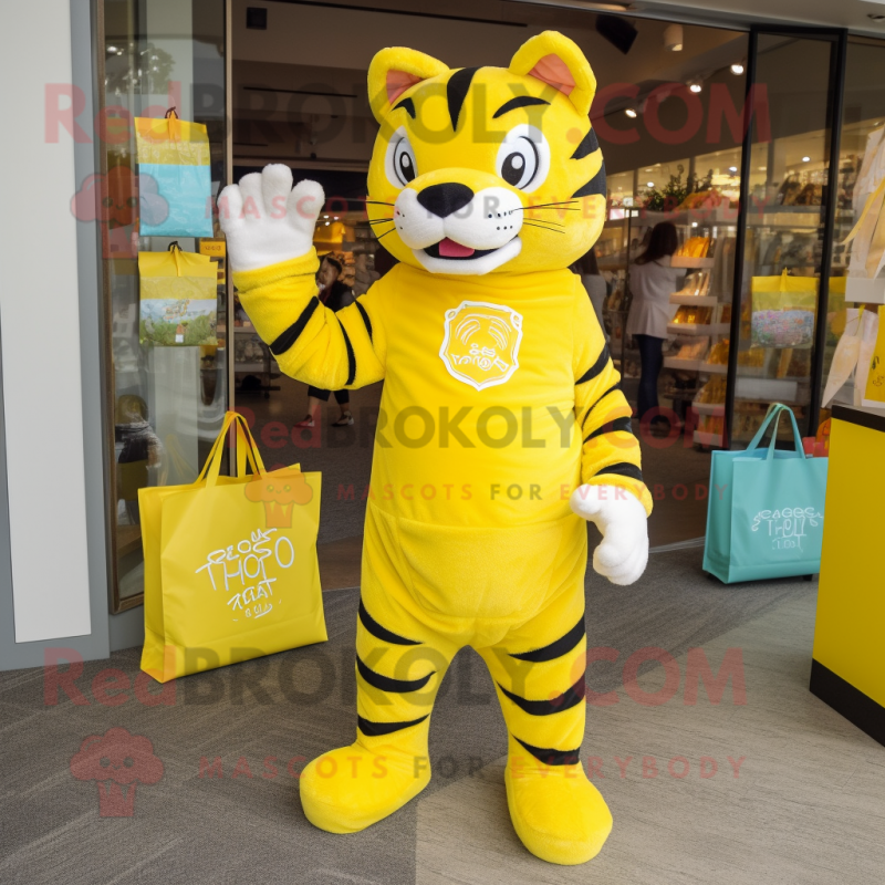 Lemon Yellow Tiger mascot costume character dressed with a Turtleneck and Tote bags