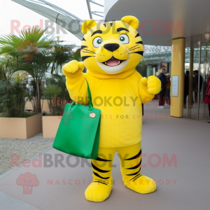 Lemon Yellow Tiger mascot costume character dressed with a Turtleneck and Tote bags