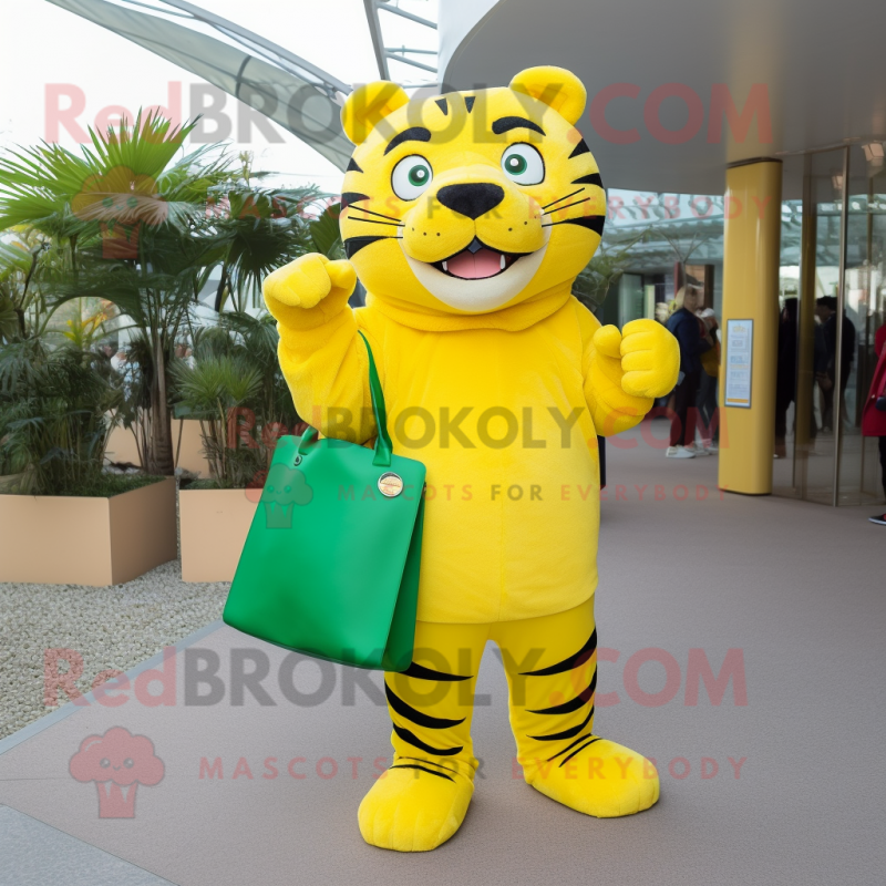Lemon Yellow Tiger mascot costume character dressed with a Turtleneck and Tote bags Lemon Yellow Tiger mascot costume character dressed with a Turtleneck and Tote bags