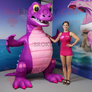 Magenta Komodo Dragon mascot costume character dressed with a Bikini and Ties