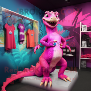 Magenta Komodo Dragon mascot costume character dressed with a Bikini and Ties