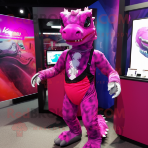 Magenta Komodo Dragon mascot costume character dressed with a Bikini and Ties