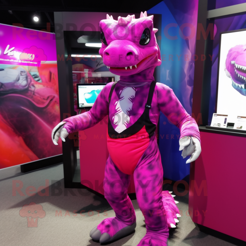 Magenta Komodo Dragon mascot costume character dressed with a Bikini and Ties Magenta Komodo Dragon mascot costume character dressed with a Bikini and Ties