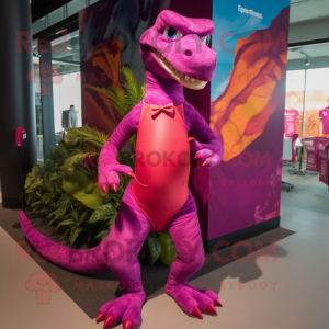 Magenta Komodo Dragon mascot costume character dressed with a Bikini and Ties