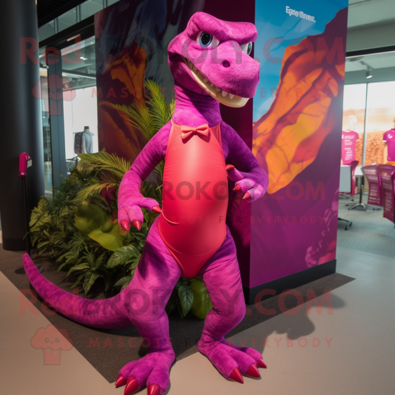 Magenta Komodo Dragon mascot costume character dressed with a Bikini and Ties Magenta Komodo Dragon mascot costume character dressed with a Bikini and Ties