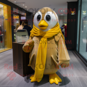 Gold Penguin mascot costume character dressed with a Oxford Shirt and Scarves