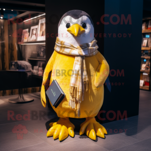 Gold Penguin mascot costume character dressed with a Oxford Shirt and Scarves