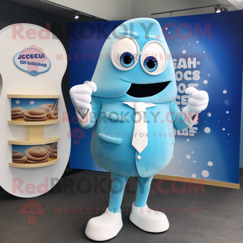 Sky Blue Clam Chowder mascot costume character dressed with a Suit Jacket and Clutch bags Sky Blue Clam Chowder mascot costume character dressed with a Suit Jacket and Clutch bags