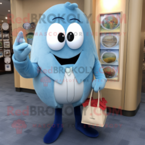 Sky Blue Clam Chowder mascot costume character dressed with a Suit Jacket and Clutch bags