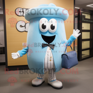 Sky Blue Clam Chowder mascot costume character dressed with a Suit Jacket and Clutch bags