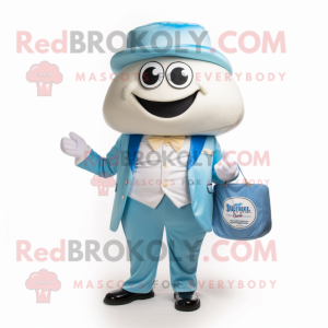 Sky Blue Clam Chowder mascot costume character dressed with a Suit Jacket and Clutch bags
