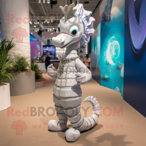 Silver Seahorse mascot costume character dressed with a Capri Pants and Necklaces