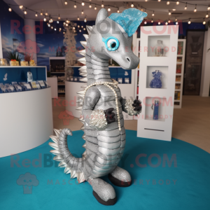 Silver Seahorse mascot costume character dressed with a Capri Pants and Necklaces