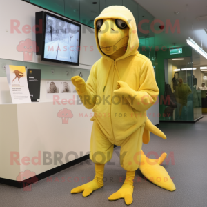 Lemon Yellow Archeopteryx mascot costume character dressed with a Hoodie and Foot pads
