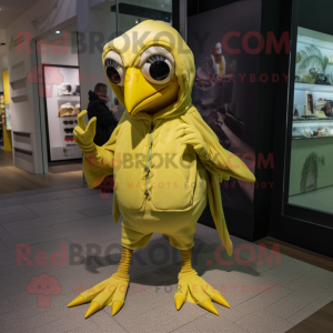 Lemon Yellow Archeopteryx mascot costume character dressed with a Hoodie and Foot pads