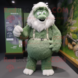 Forest Green Yeti mascot costume character dressed with a Vest and Shoe laces