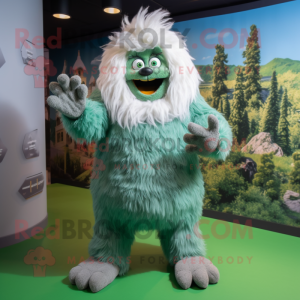 Forest Green Yeti mascot costume character dressed with a Vest and Shoe laces