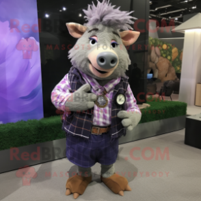 Lavender Wild Boar mascot costume character dressed with a Flannel Shirt and Bracelet watches