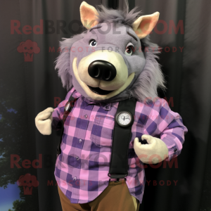 Lavender Wild Boar mascot costume character dressed with a Flannel Shirt and Bracelet watches