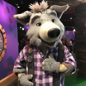 Lavender Wild Boar mascot costume character dressed with a Flannel Shirt and Bracelet watches