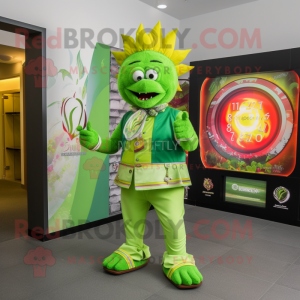 Lime Green Fire Eater mascot costume character dressed with a Bermuda Shorts and Digital watches