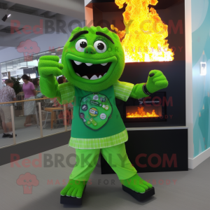 Lime Green Fire Eater mascot costume character dressed with a Bermuda Shorts and Digital watches