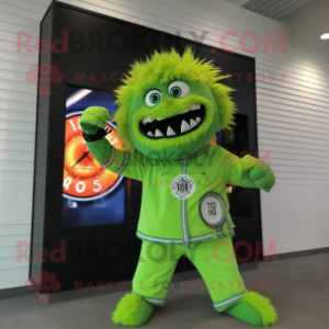 Lime Green Fire Eater mascot costume character dressed with a Bermuda Shorts and Digital watches