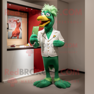 Green Rooster mascot costume character dressed with a Jeggings and Pocket squares