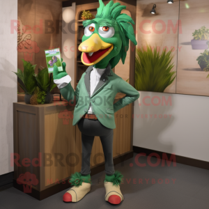 Green Rooster mascot costume character dressed with a Jeggings and Pocket squares