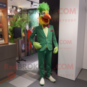 Green Rooster mascot costume character dressed with a Jeggings and Pocket squares