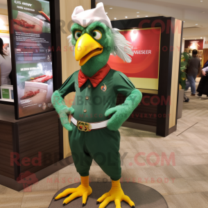 Green Rooster mascot costume character dressed with a Jeggings and Pocket squares