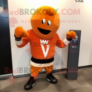 Orange Boxing Glove mascot costume character dressed with a V-Neck Tee and Digital watches