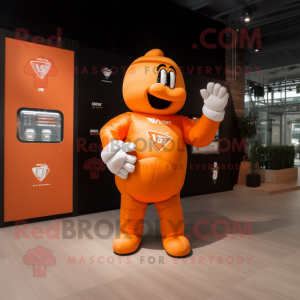 Orange Boxing Glove mascot costume character dressed with a V-Neck Tee and Digital watches