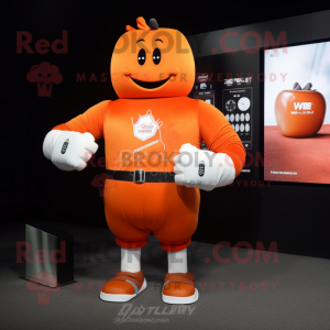Orange Boxing Glove mascot costume character dressed with a V-Neck Tee and Digital watches